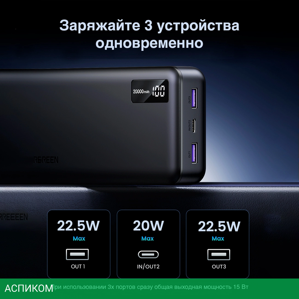 Портативное зарядное устройство Ugreen PB312 Gray (25683)