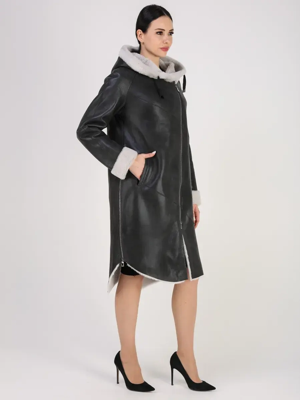 Дубленка зима натуральная удлиненная с капюшоном