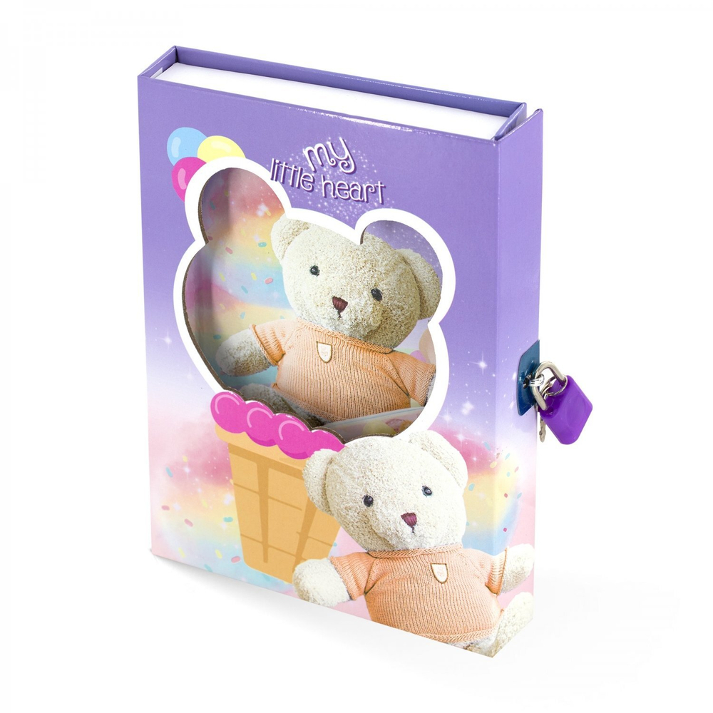 Блокнот в футляре, 14,5 см * 20,5 см, 7БЦ, Alingar, ламинация, замочек, вн.блок с дизайном, в линию, 45 л., "Мишка-мороженное", сиреневый