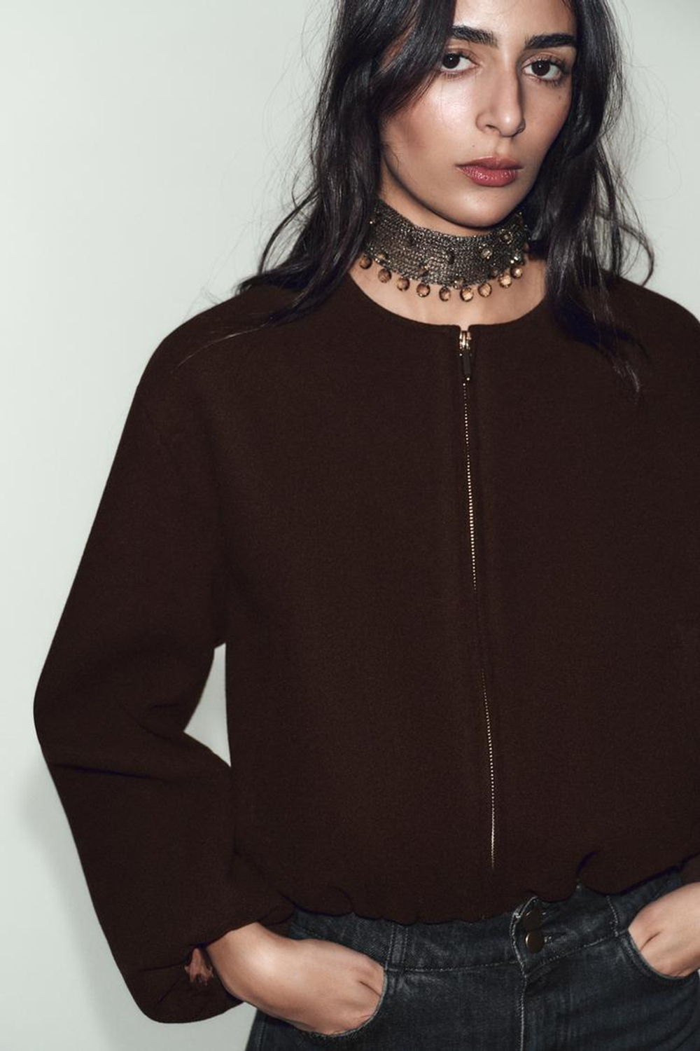 ZARA БОМБЕР ИЗ МЯГКОЙ ТКАНИ, КОРИЧНЕВЫЙ