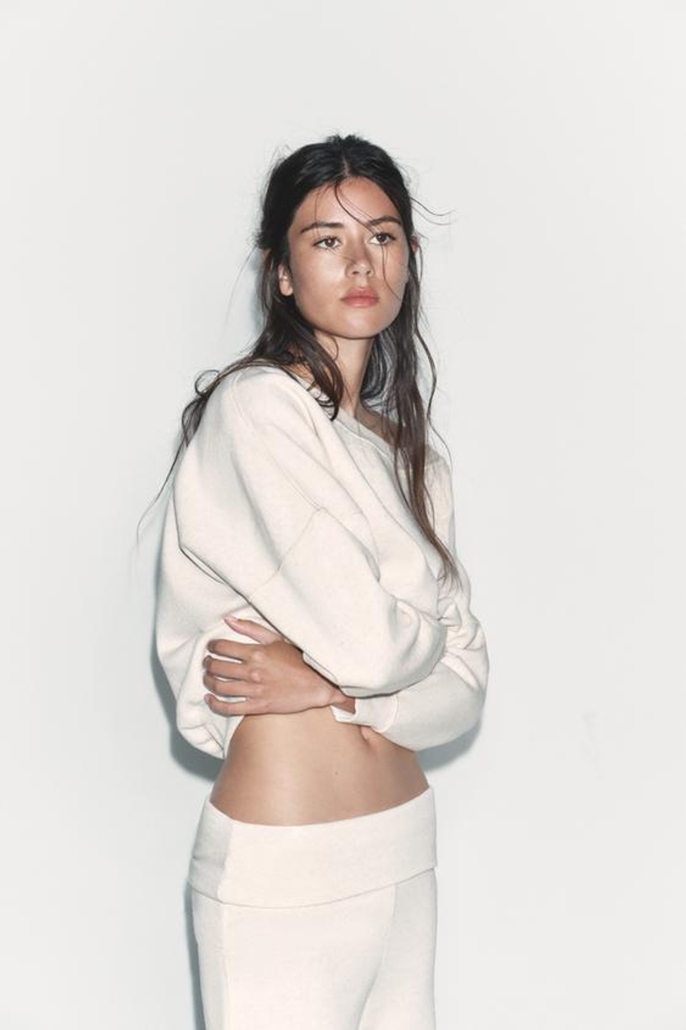 ZARA БРЮКИ С ЗАВЕРНУТЫМ ПОЯСОМ, БЕЖЕВЫЙ МЕЛАНЖ