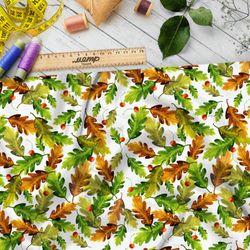 Ткань кулирная гладь желтеющие листья дуба и вишня на белом фоне