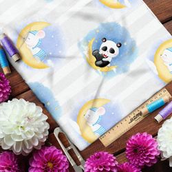 Ткань шифон сонные панды и мышки на месяце