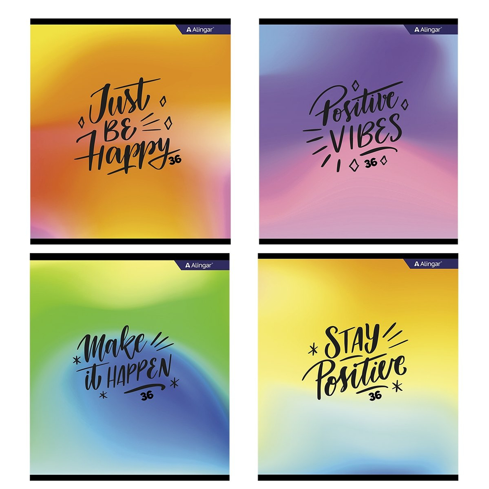Тетрадь 36 л., А5, клетка, Alingar "Positive book", скрепка, второй блок 60г/м2, мелованный картон (стандарт), 4 дизайна в пленке т/у