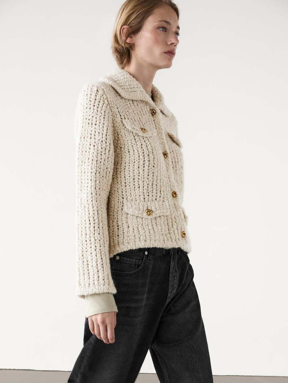 Massimo Dutti Кардиган с карманами, натуральный, кремовый