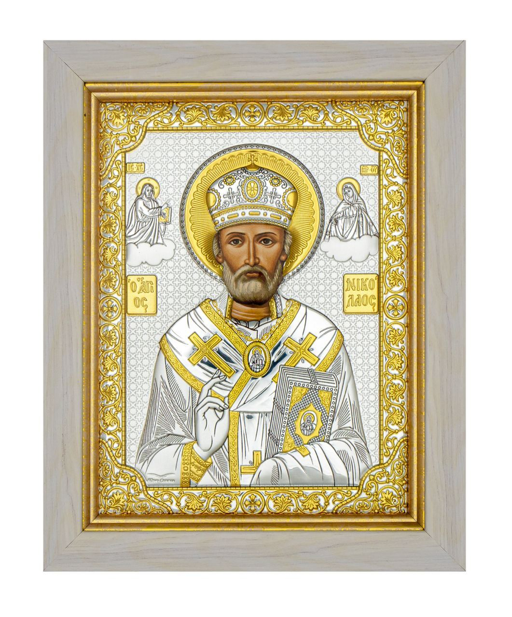 Николай Чудотворец, икона прямоугольная в рамке под стеклом, белое дерево 232х280