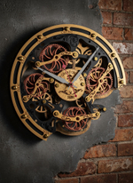 Настенные часы WOODandROOT Automaton Bite 1682 на тёмной стене с фактурной поверхностью, золотые и медные шестерёнки