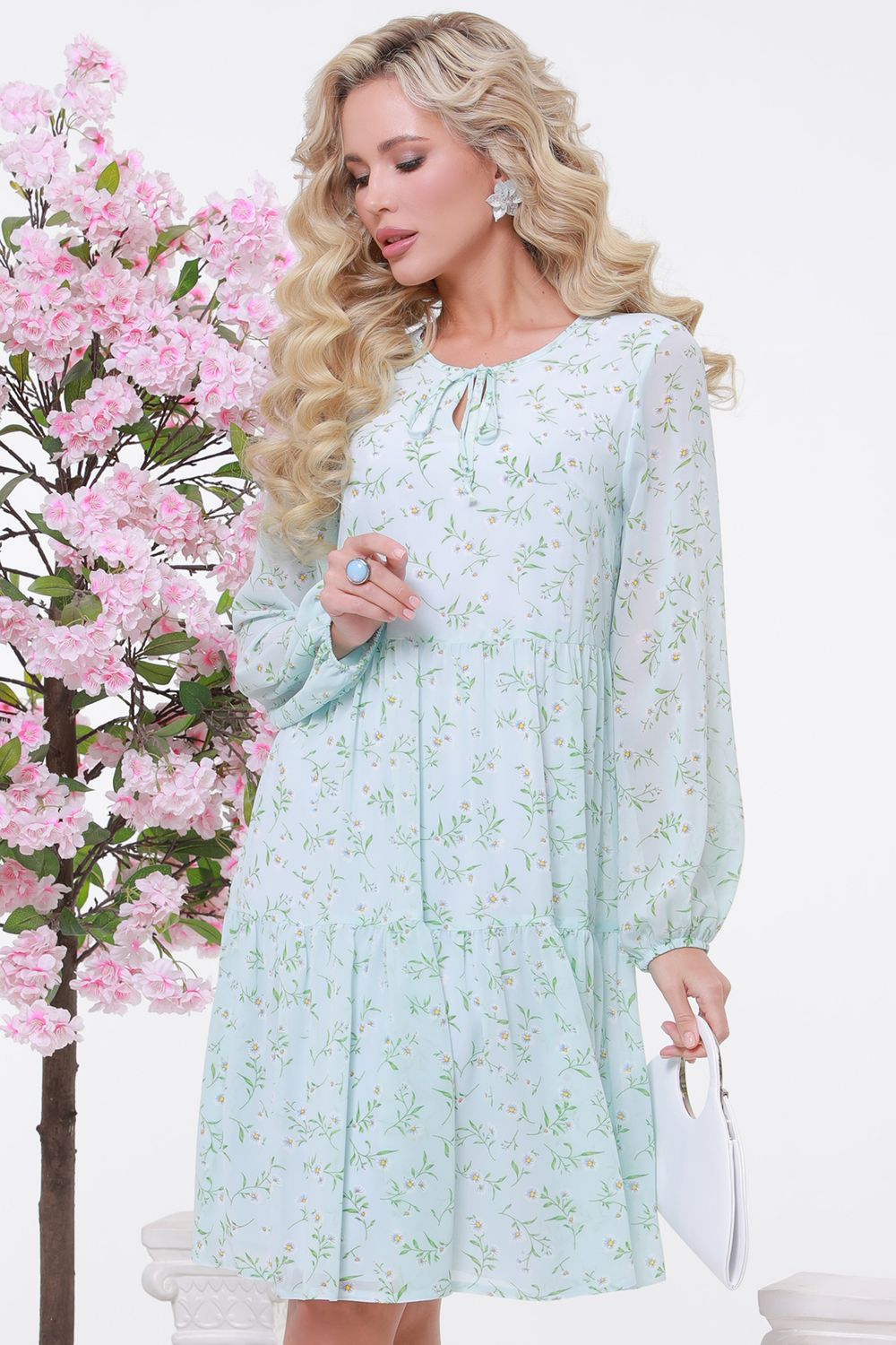 Платье шифоновое в цветочек с пышным рукавом DStrend (Акция)