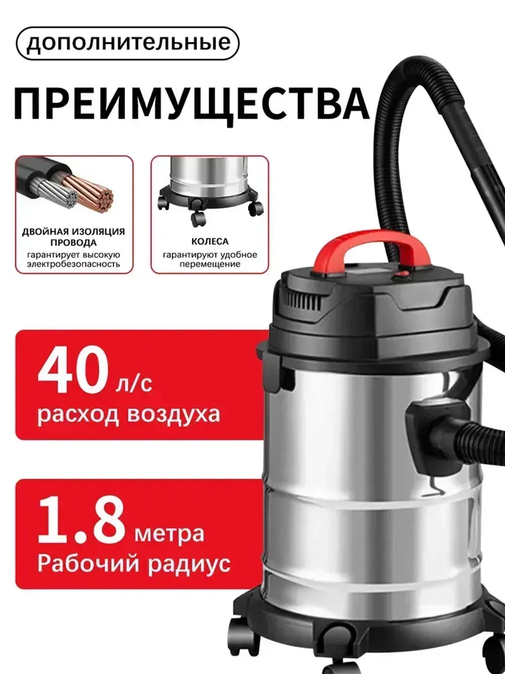 Пылесос строительныйс (1500 Вт, 20 л, сухая и влажная уборка)