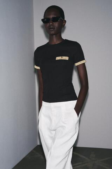 ZARA ФУТБОЛКА С МЕТАЛЛИЗИРОВАННОЙ НИТЬЮ, ЧЕРНЫЙ