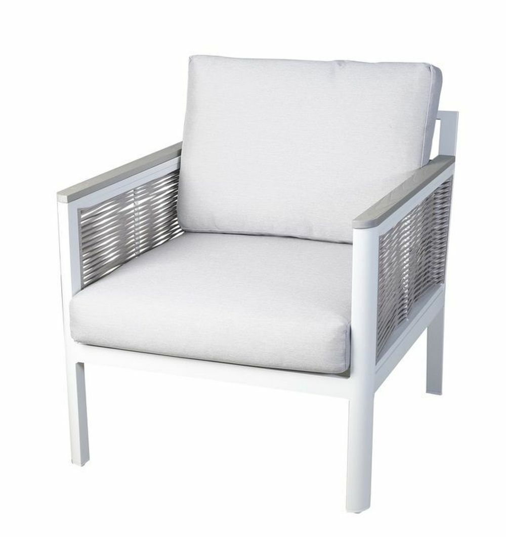 "Сан Ремо" кресло плетеное из роупа садовое, каркас алюминий белый, роуп бежевый, ткань бежевая