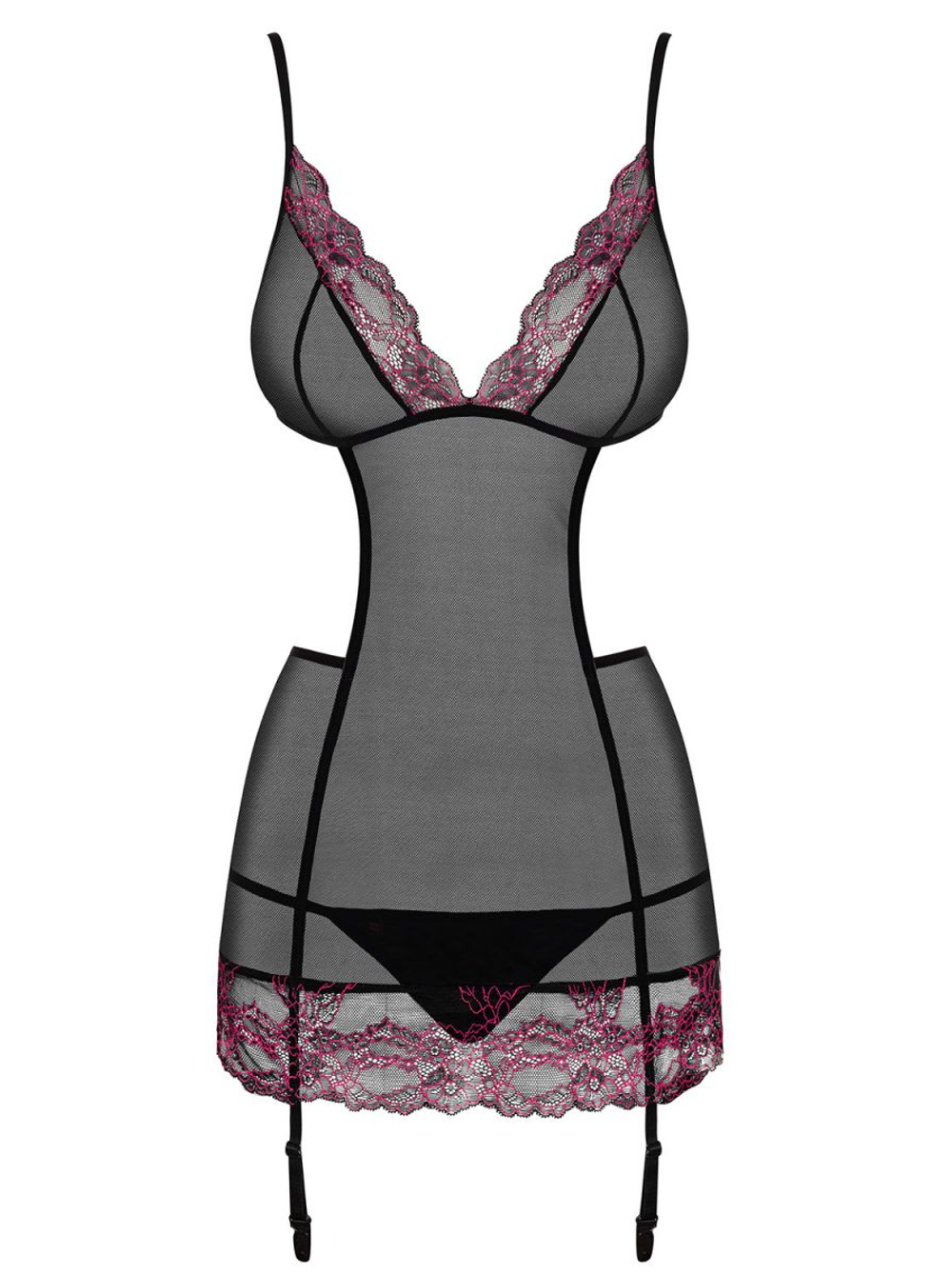 Полупрозрачная сорочка Sedusia с открытой спинкой (Размер: XXL) (Цвет: черный с розовым)