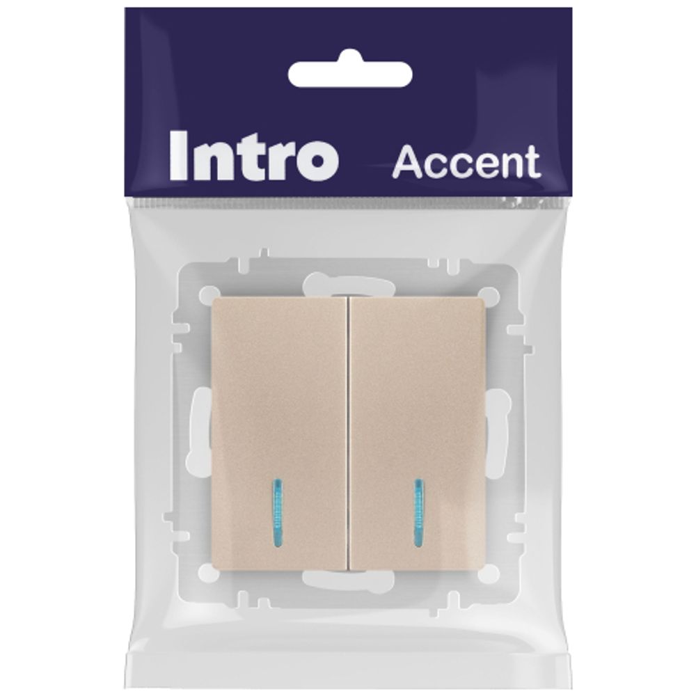 Выключатель Intro Accent 6-105-04 двойной с подсветкой, 10А-250В, IP20, СУ, AL/CU, шампань | Intro