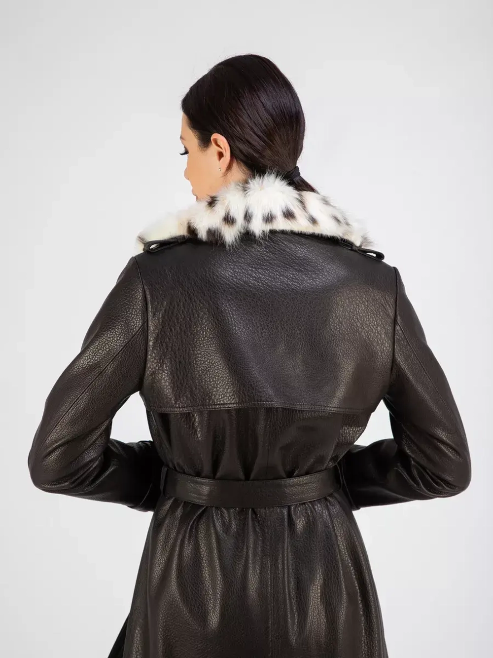 Кожаный тренч длинный с поясом плащ