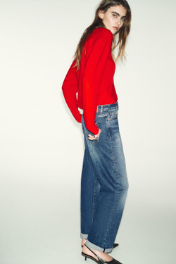 ZARA ДЖИНСЫ Z.07 RELAXED FIT С ВЫСОКОЙ ПОСАДКОЙ И ОТВОРОТАМИ, СИНИЙ