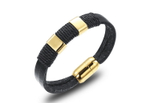 Стильный мужской кожаный браслет с позолоченными стальными вставками SteelMan am045