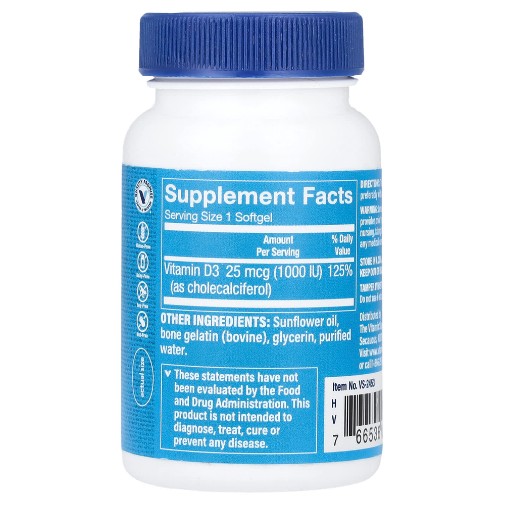 The Vitamin Shoppe, Витамин D3, 25 мкг (1000 МЕ), 100 мягких таблеток