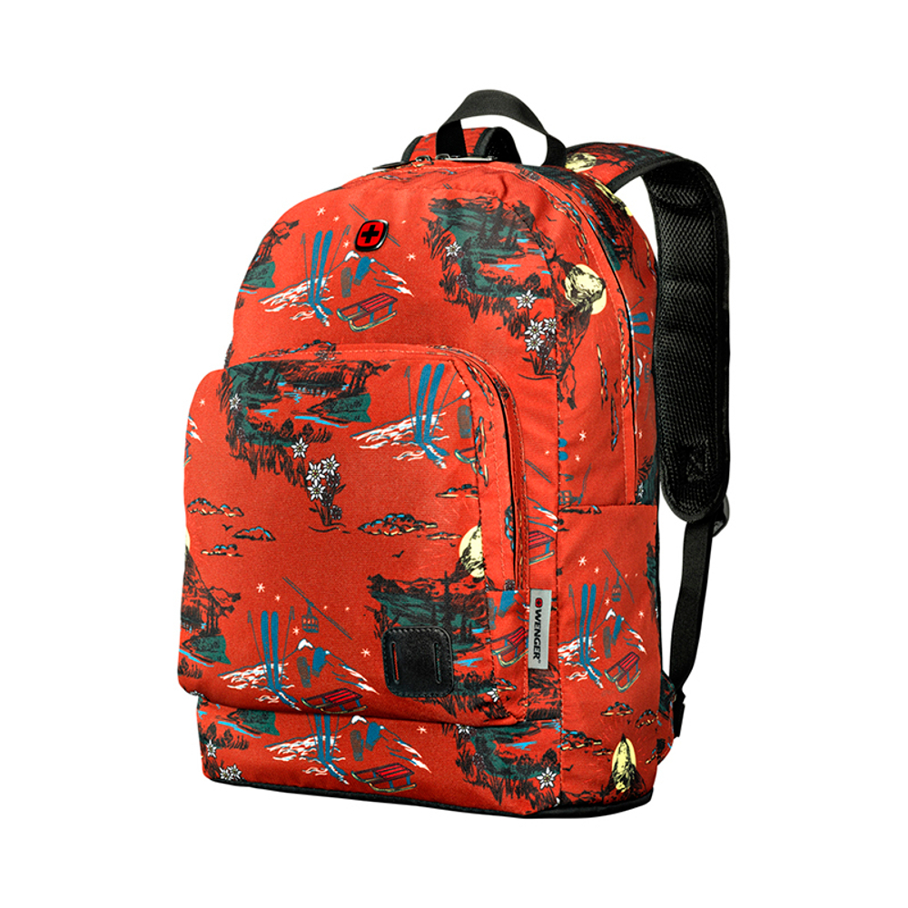 Яркий лёгкий стильный городской рюкзак Crango красный с рисунком "Альпы" объёмом 27л с накладкой для крепления фонаря для велосипеда WENGER 610194