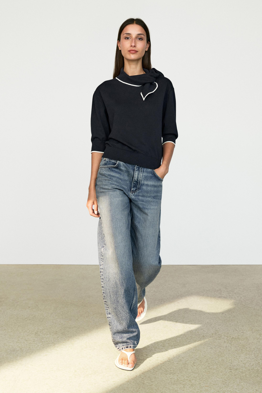 Massimo Dutti Хлопковый джемпер с декоративным бантом, темно-синий