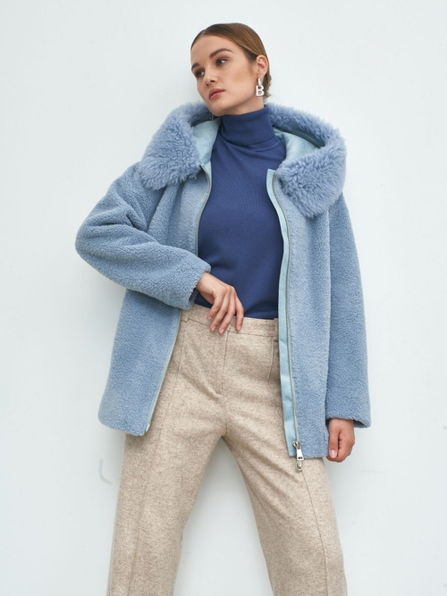 Шуба с капюшоном, голубая, Северина