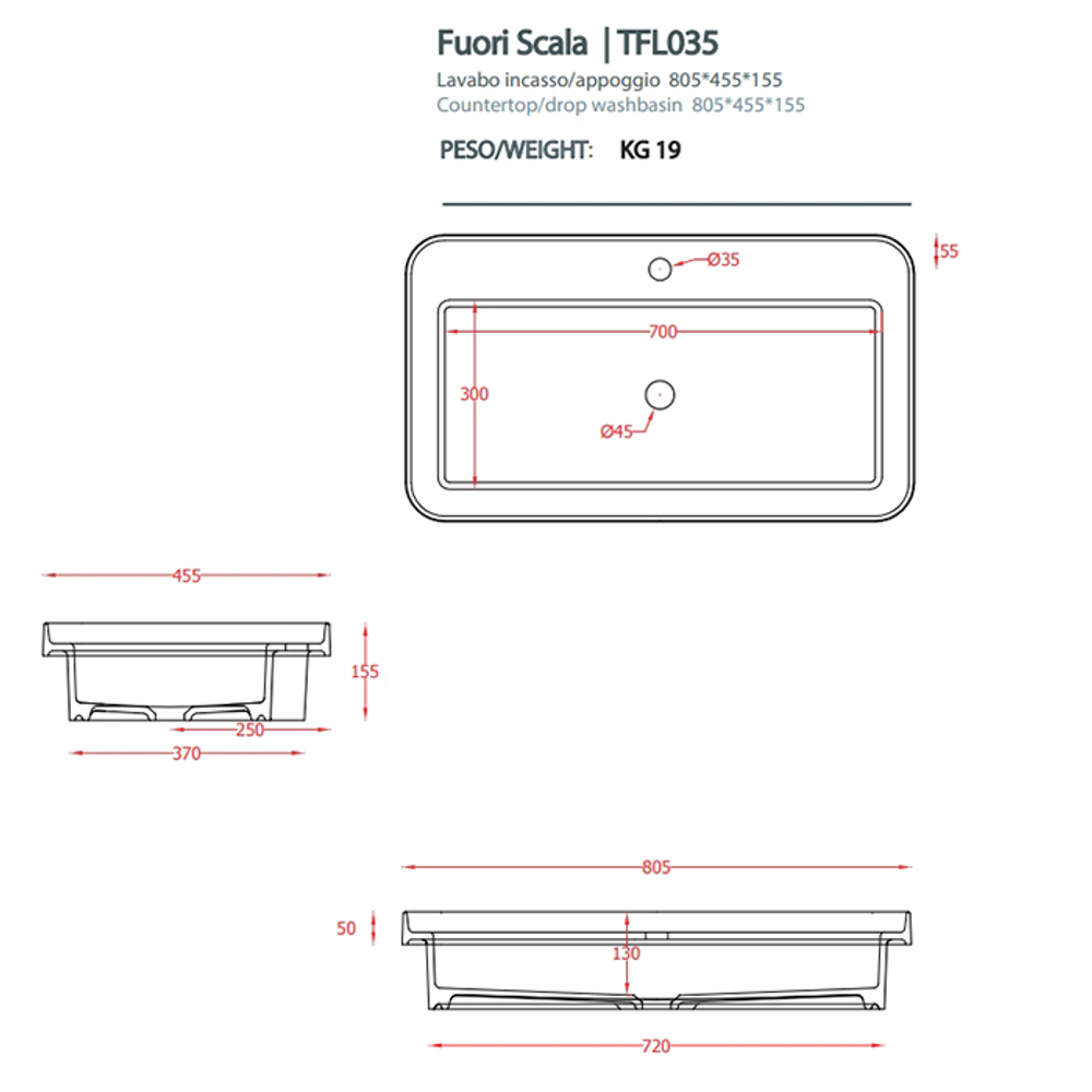 Раковина Artceram Fuori Scala TFL035 01 00 *1 встраиваемая 80 см