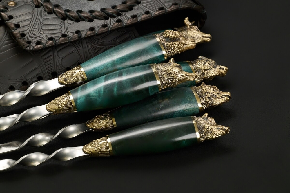 Подарочный набор шампуров "Премиальный", Карельская береза, чехол из натуральной кожи