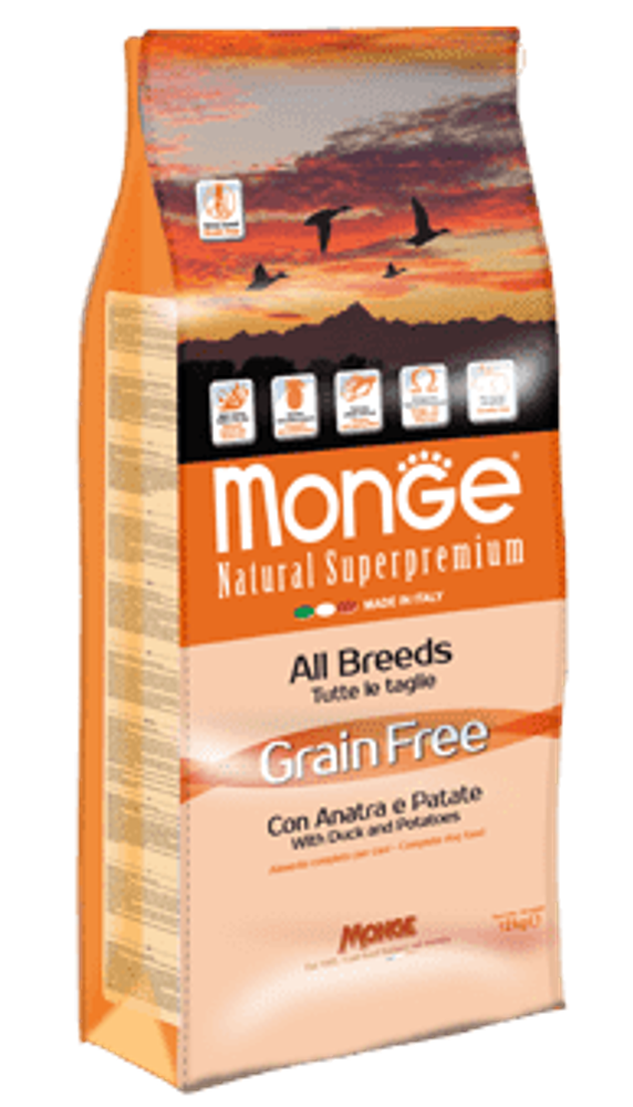 Monge Dog GRAIN FREE беззерновой корм для собак всех пород утка с картофелем 2,5 кг