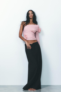 ZARA ТОП АЖУРНОЙ ВЯЗКИ С ЦВЕТОЧНЫМИ АППЛИКАЦИЯМИ, РОЗОВЫЙ