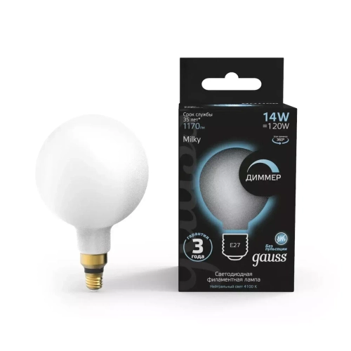 Лампа Gauss LED Filament G200 14W E27 1170 lm 4100K milky диммир. 153202214-D