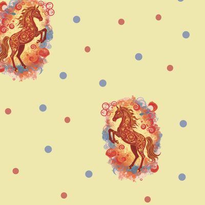 Стильный огненный конь стоит на задних ногах на желтом  фоне