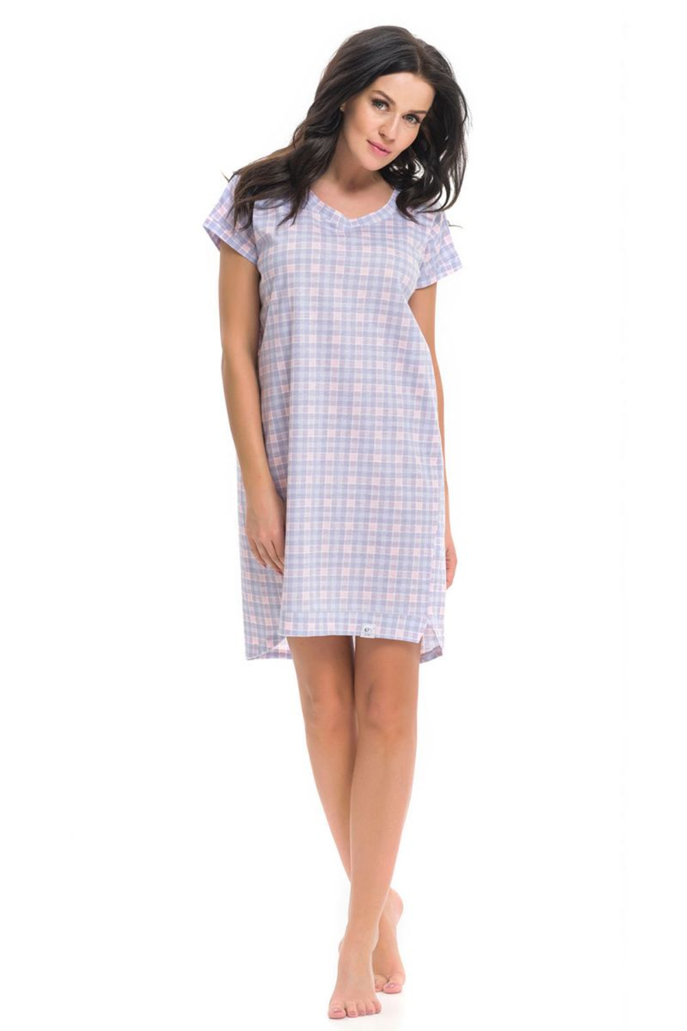 Нежная хлопковая сорочка в клеточку (Размер: S) (Цвет: фиолетовый с розовым)