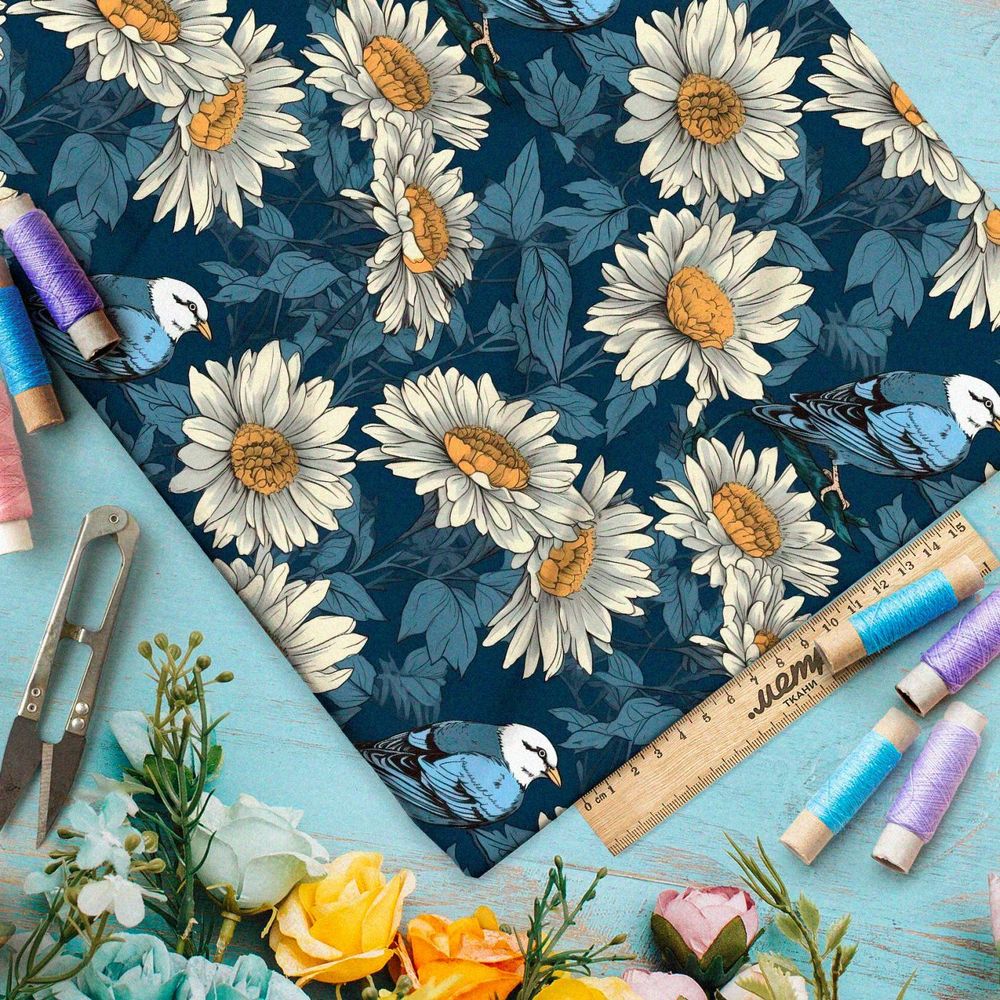 Ткань премиум дюспо птицы в ромашках