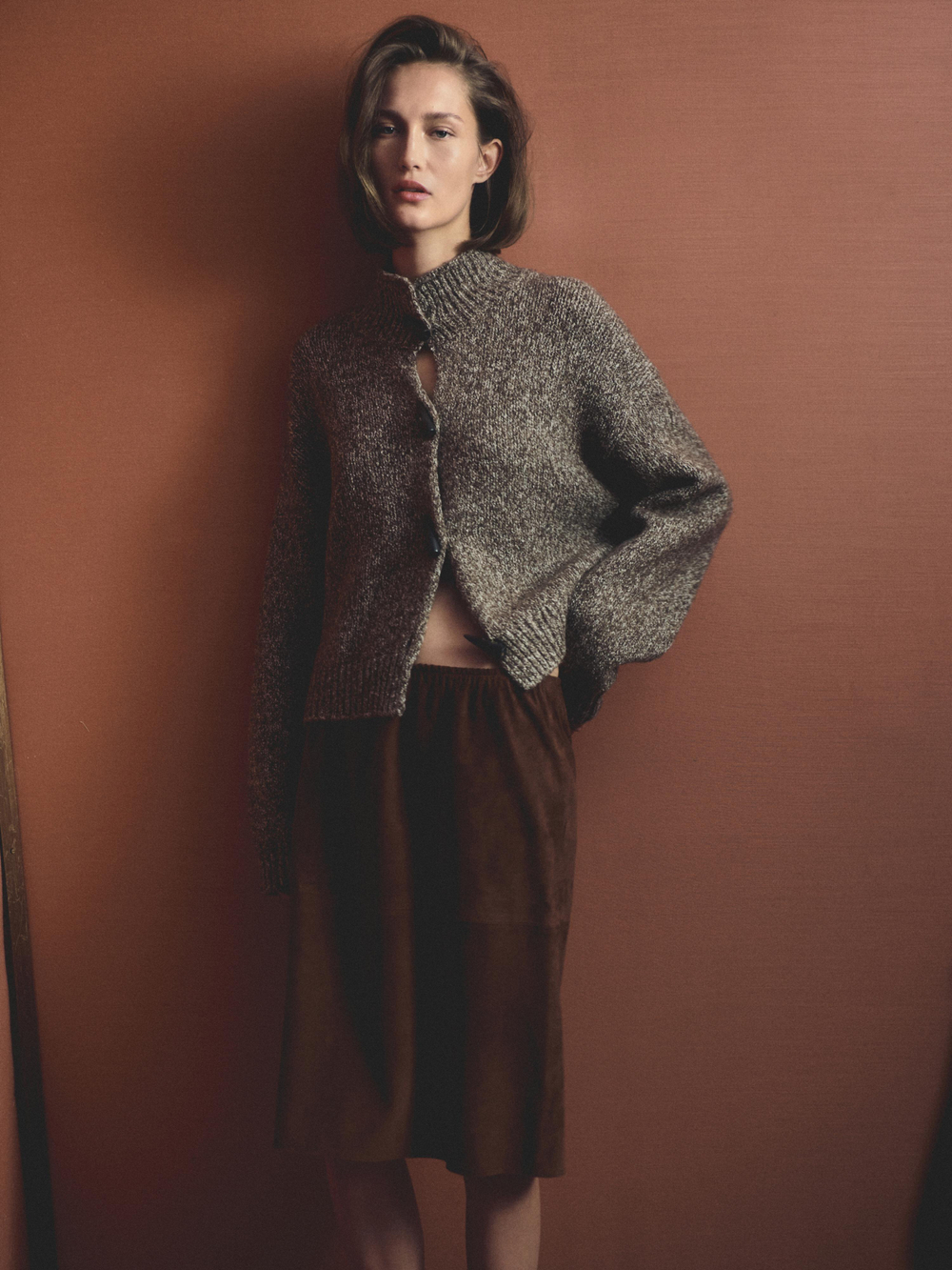 Massimo Dutti Кардиган из шерсти и хлопка с пуговицами в форме рога, шоколадный