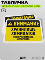 Табличка для обеспечения безопасности "Внимание, хранилище химикатов", для офиса, по охране труда для предприятия, организаций, 40х30 см, Silver Plane x Айдентика Технолоджи