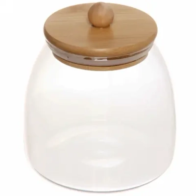 Банка для продуктов стеклянная 600мл «Хай-Тек» с бамбуковой крышкой, бочонок