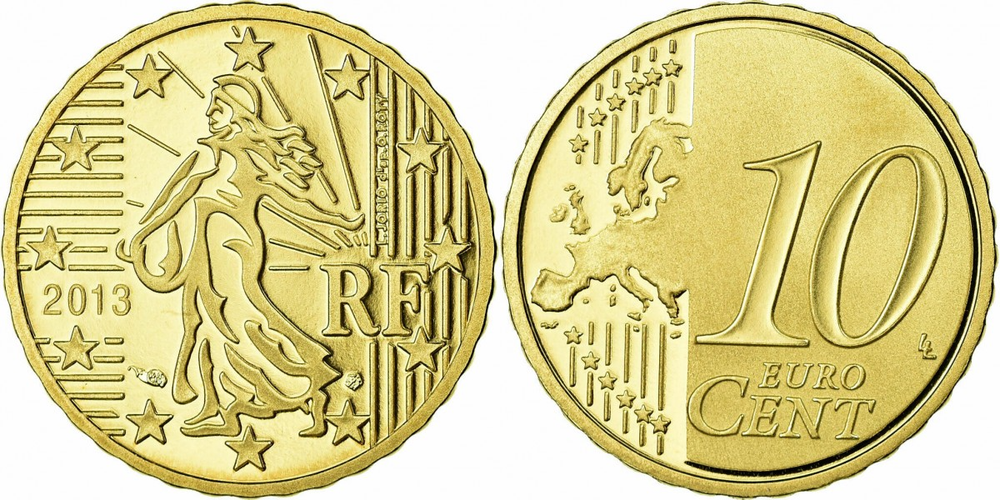 Франция 10 евроцентов, 2007-2023 Сеятель XF