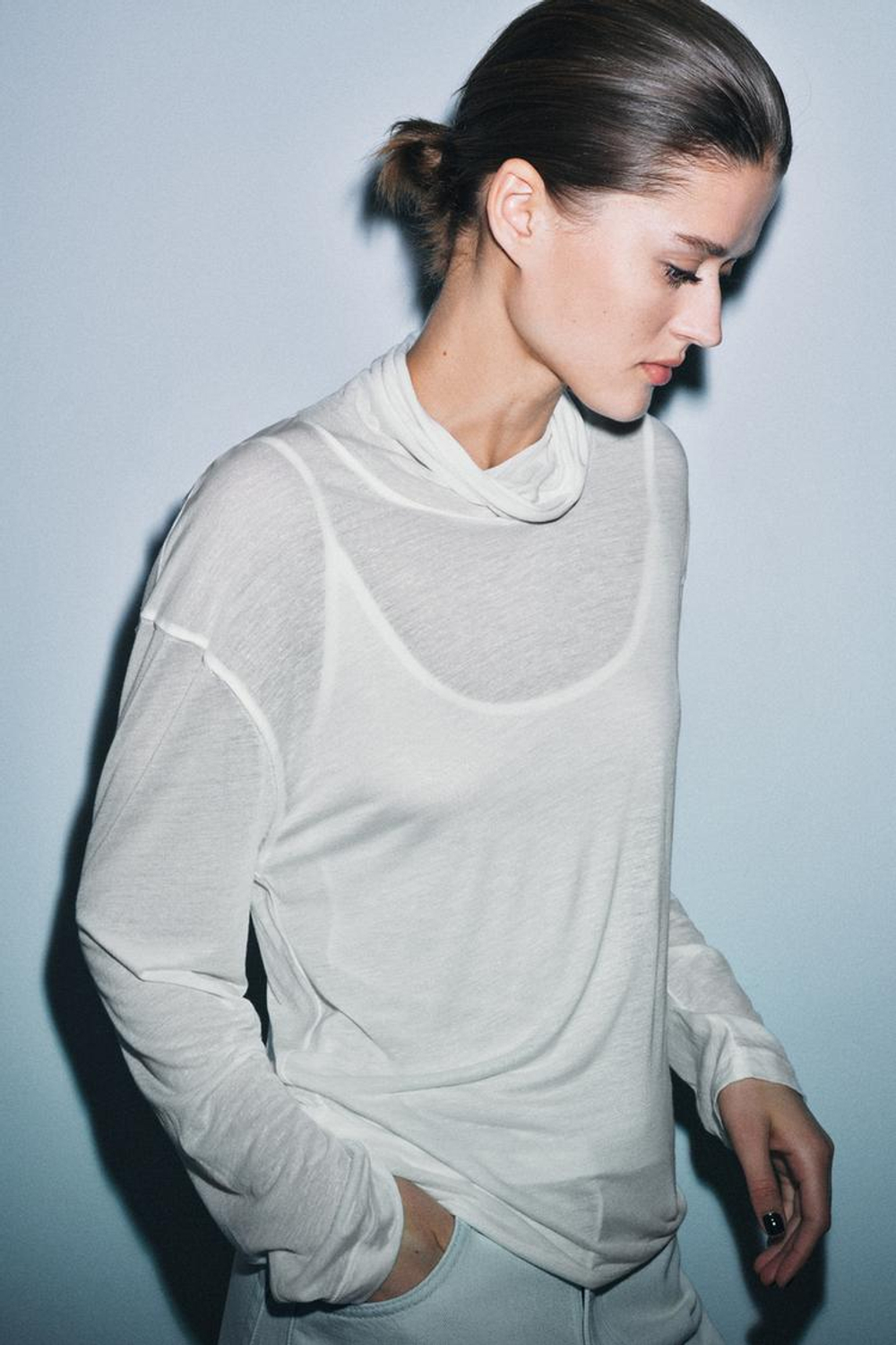 ZARA ФУТБОЛКА ИЗ ЛИОЦЕЛЛА И ЛЬНА, БЕЛЫЙ