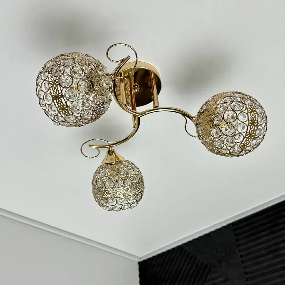 Люстра потолочная с лампочками, с хрусталем, на кухню, золотая, E27