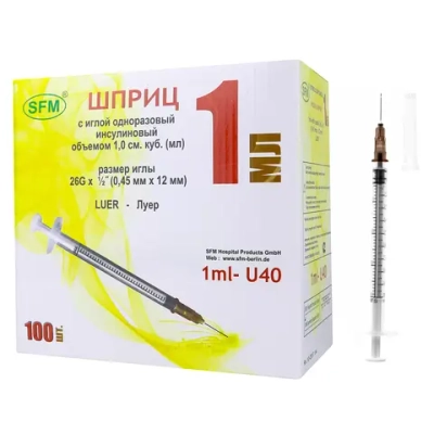 Шприц инсулиновый трехкомпонентный SFM 1 мл U-40 игла съемная 0,45х12 мм 26G 100 шт