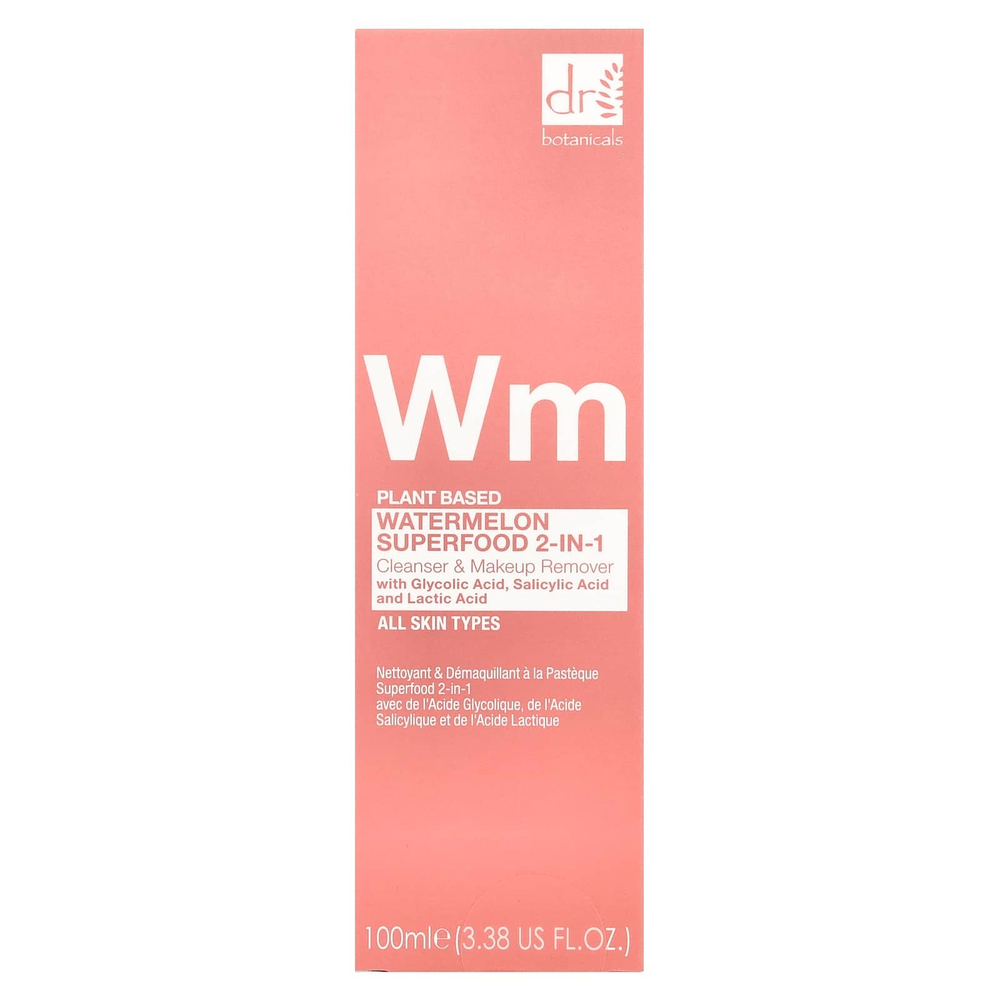 Dr. Botanicals, Watermelon Superfood 2-в-1, очищающее средство и средство для снятия макияжа, для всех типов кожи, 100 мл (3,38 жидк. Унции)
