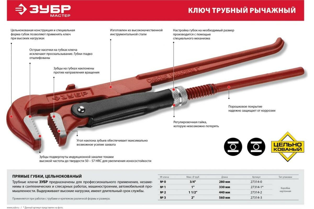 Трубный ключ Зубр рычажный, прямые губки, цельнокованный, № 1, 1" 27314-1 27314-1