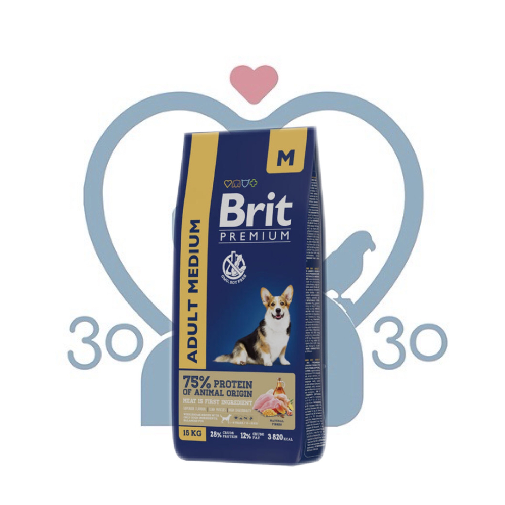 Brit Premium Корм сухой для взрослых собак средних пород с курицей Dog Adult Medium, 15 кг