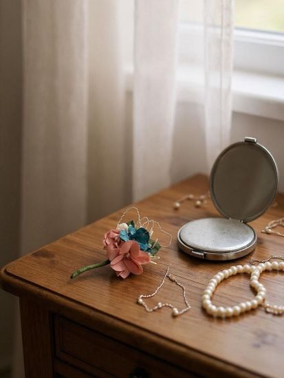 Бутоньерка с цветами на булавке, голубая с розовым