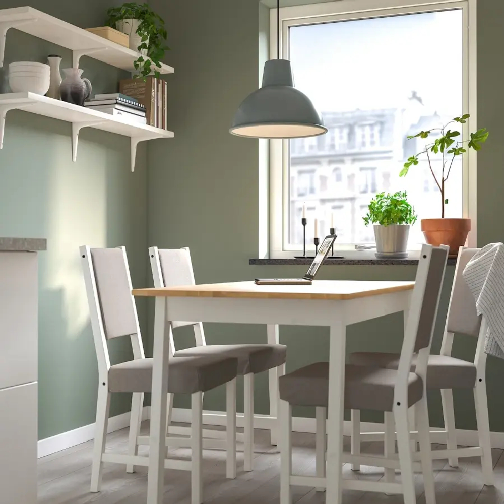 Стол и 4 стула - PINNTORP / STEFAN IKEA/ ПИННТОРП / СТЕФАН ИКЕА,  125х75   см, белый/ под беленый дуб / серый