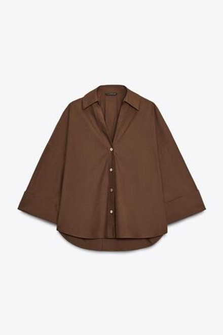 ZARA РУБАШКА ИЗ ПОПЛИНА С ШИРОКИМИ РУКАВАМИ, КОРИЧНЕВЫЙ