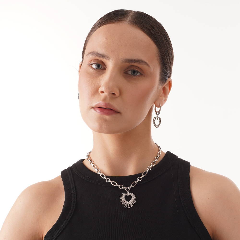 Латунная цепочка с большим Сердцем и Фианитами, silver