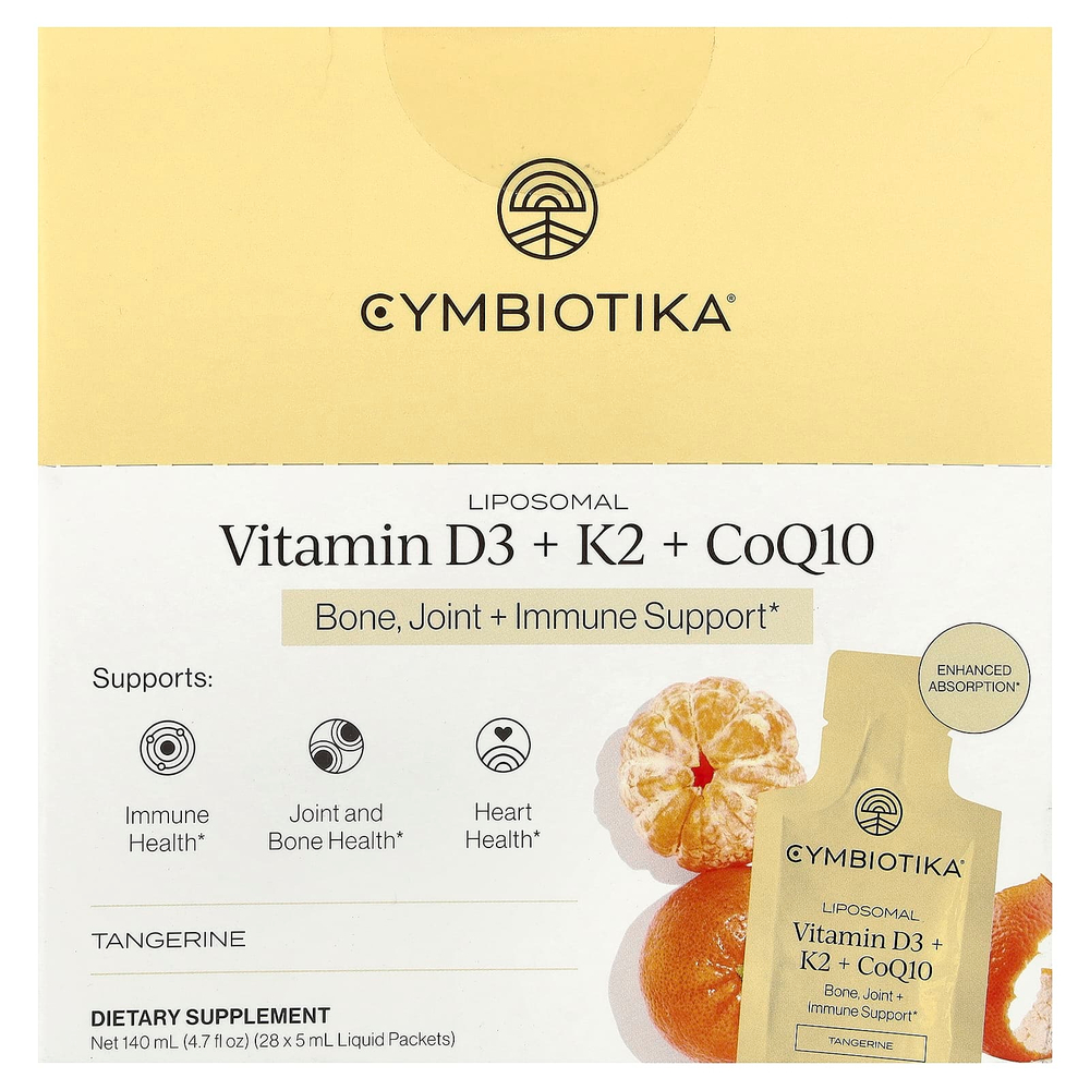 Cymbiotika, липосомальные витамины D3, K2 и коэнзим Q10, мандарин, 28 пакетиков по 5 мл (0,17 жидк. унции)
