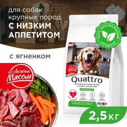 Корм сухой для взрослых собак крупных пород, премиум полнорационный комплекс, для собак с низким аппетитом, с ягненком, 2,5 кг, QUATTRO