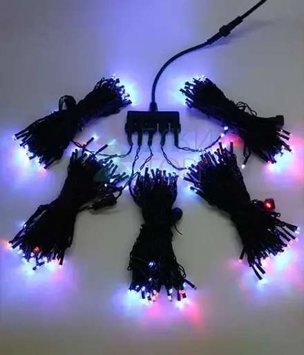 Комплект гирлянды на деревья с контроллером 100 м., 5 лучей по 20 м, 1000 RGB LED ламп, черный силик