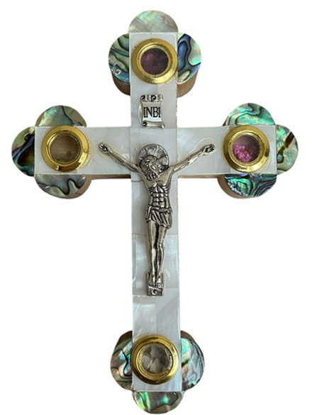 Крест распятие Иерусалимский из оливы, с белым перламутром, 4 вставками, высота 14 см